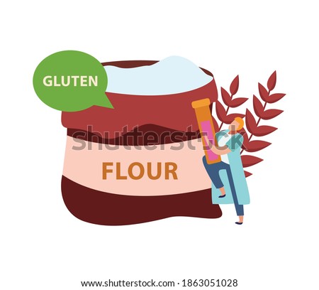 Lactose gluten intolerance diet composition with pack of flour with thought bubble and text vector illustration