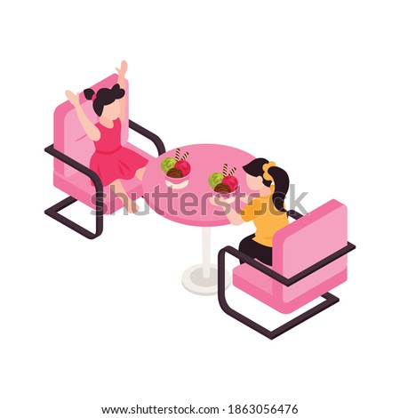 Isometric ice cream cafe composition with little girls sitting in chairs eating icecream vector illustration
