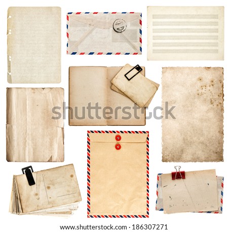 set of old paper sheets, book, envelope, card isolated on white background