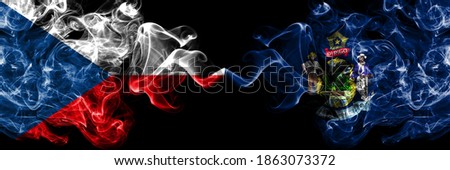 Czech Republic, Czech vs United States of America, America, US, USA, American, Maine smoky mystic flags placed side by side. Thick colored silky abstract smoke flags.