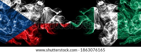 Czech Republic, Czech vs Nigeria, Nigerian smoky mystic flags placed side by side. Thick colored silky abstract smoke flags.