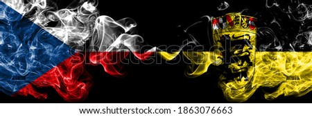 Czech Republic, Czech vs Germany, German, Deutschland, Baden Wurttemberg smoky mystic flags placed side by side. Thick colored silky abstract smoke flags.