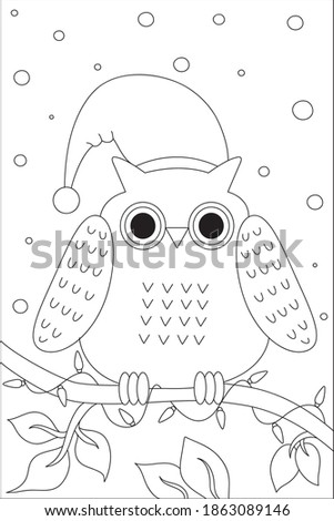 Christmas theme coloring page, cute owl coloring page, christmas coloring worksheet, owl wearing santa hat .