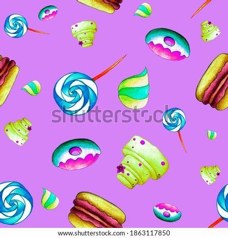 Seamless pattern with desserts, cakes and fruit