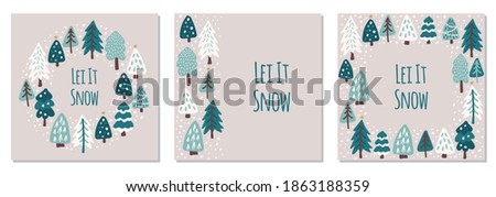 Cute set of Scandinavian Christmas Trees frame backgrounds with hand drawn Snowy Fir Trees Forest for your decoration, can be used as greeting card, banner etc