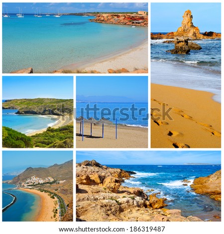 a collage of some pictures of different beaches of Spain, such as beaches of Canary Islands and Balearic Islands
