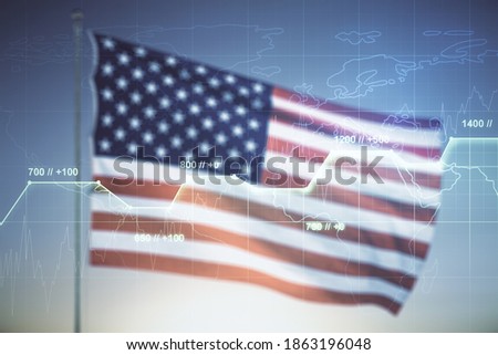 Abstract virtual stats data hologram on USA flag and sunset sky background. Multiexposure