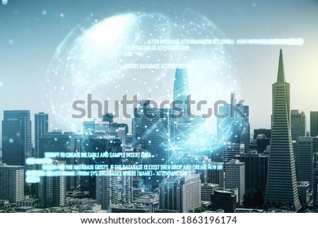 Multi exposure of abstract software development hologram and world map on San Francisco skyscrapers background, global research and analytics concept