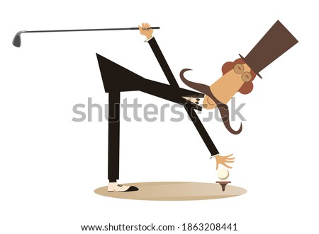 Cartoon long mustache plays golf illustration. Funny long mustache man in the top hat holds a golf club and puts a ball on the stand isolated on white
