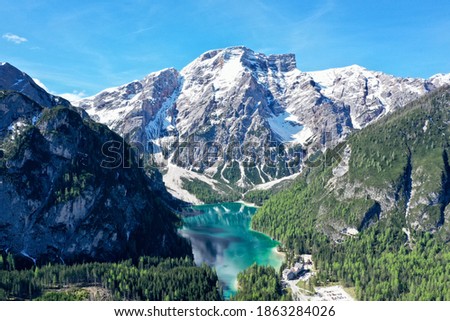 Braies Lake in Val Pusteria, Italy Royalty-Free Stock Photo #1863284026