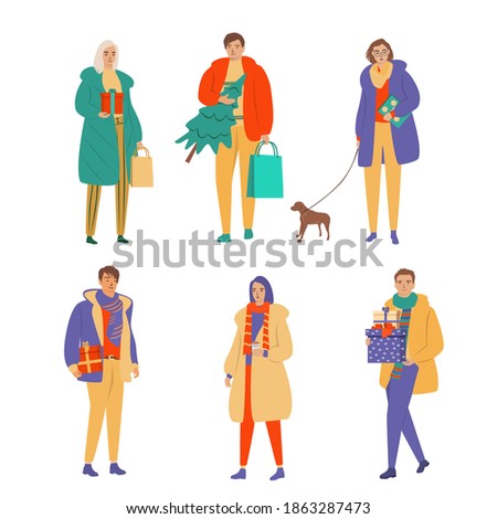 Cheerfully young people, students with a Christmas tree and gifts.Men with a Christmas tree and gift bags. Women with wrapped gifts.  Christmas holiday shopping. Vector illustration, isolated on white