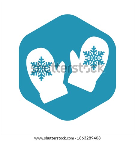 Mitten icon. White silhouette of a garment to warm your hands in the winter season on a blue hexagon. Snowflakes on mittens. Vector illustration isolated on a white background for design and web.
