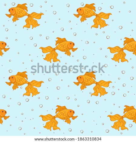 Seamless pattern with goldfishes and bubble on blue background.