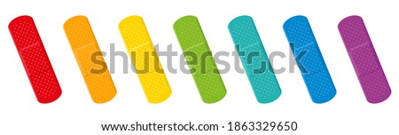Plaster set. Colorful collection with seven different colors - red, orange, yellow, green, cyan, blue and purple adhesive plasters. Isolated vector illustration on white background.
 Royalty-Free Stock Photo #1863329650