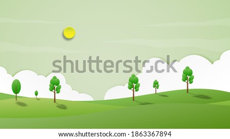 Green mountain and hills landscape scenery background banner paper cut art style design vector illustration 