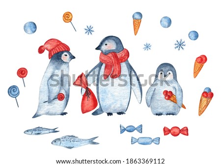 Set of watercolor illustrations of three penguins, fish, ice cream, candies, lollipops, snowflakes and snowballs on a white isolated background. Cute drawing for Christmas holiday season. 
