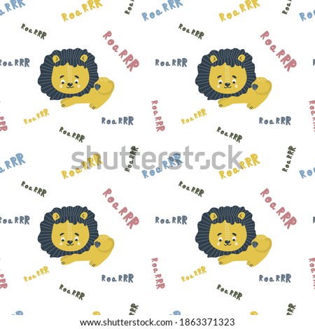 Seamless cartoon pattern with a lion and the word roar. Bright vector illustration. Great for designing children's clothing, bedding, scrapbooking, patchwork, wrapping paper.