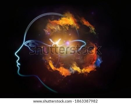 Illustration of glowing human silhouette, fractal paint and light on the subject of mind, consciousness, identity and art