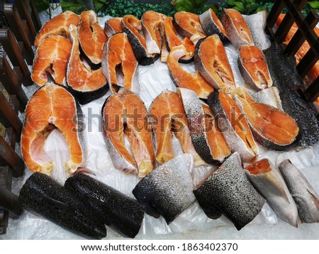 fresh cut fish for sale in supermarket. 