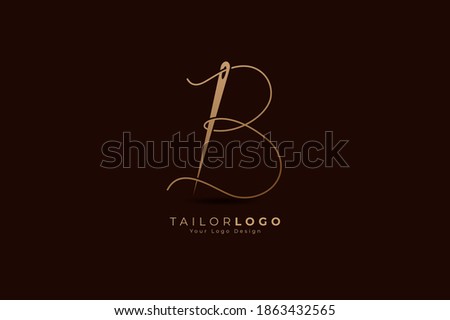 Abstract Initial Letter B Tailor logo, thread and needle combination with gold colour line style , Flat Logo Design Template, vector illustration