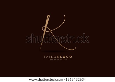 Abstract Initial Letter K Tailor logo, thread and needle combination with gold colour line style , Flat Logo Design Template, vector illustration