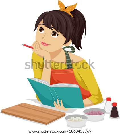 Illustration of a Teenage Girl Holding Recipe Notes and Thinking of a New Recipe