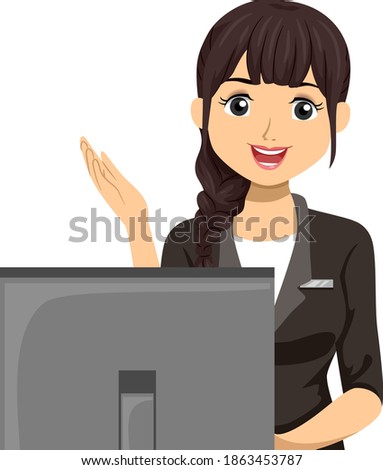 Illustration of a Teenage Girl Receptionist Talking with Hands Up with Computer Monitor