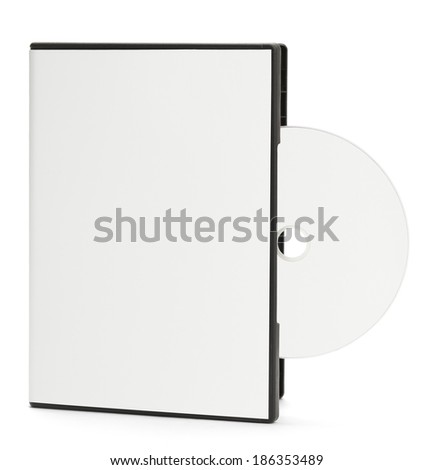 Blank White DVD Case with Blank Disc Sticking Out Isolated on White Background.