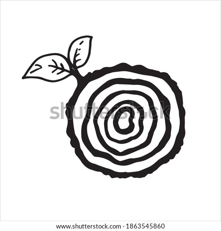 vector illustration in doodle style. saw cut from a tree. cute drawing on the theme made of wood, eco, lumber. stylized saw cut of a tree, a twig with a leaf. clip art isolated on white background