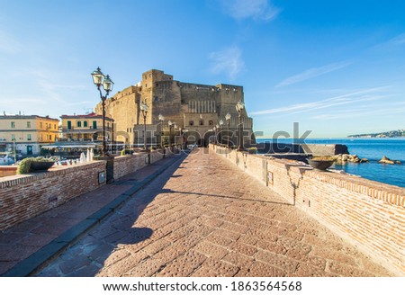 Naples, Italy - built during the 15th century, and a main landmark in Naples, Castel dell'Ovo (Egg Castle) is a seaside castle located in the Gulf of Naples Royalty-Free Stock Photo #1863564568