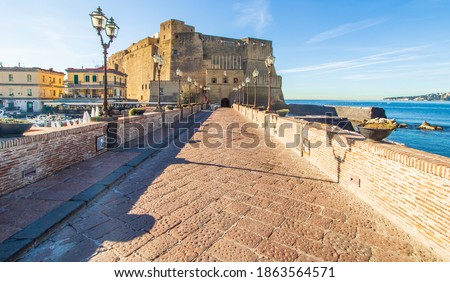 Naples, Italy - built during the 15th century, and a main landmark in Naples, Castel dell'Ovo (Egg Castle) is a seaside castle located in the Gulf of Naples Royalty-Free Stock Photo #1863564571