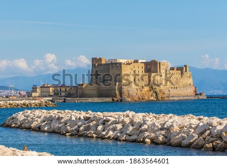 Naples, Italy - built during the 15th century, and a main landmark in Naples, Castel dell'Ovo (Egg Castle) is a seaside castle located in the Gulf of Naples Royalty-Free Stock Photo #1863564601