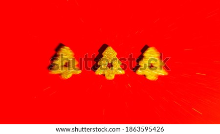 Flat lay compositions with three golden glittering christmas trees isolated on red glitter background. motion blurred. New Year greeting card party minimal style. Website headers. Holiday concept.