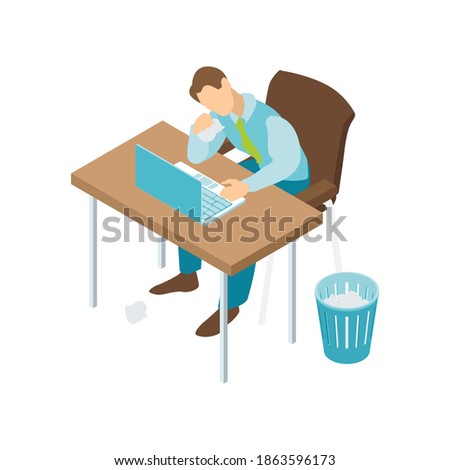 Isometric cold flu virus composition with sick worker sitting at table with laptop vector illustration