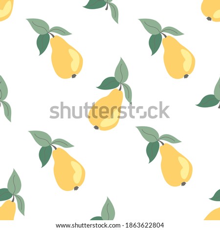 
Endless pattern of yellow pears on white background with green leaves