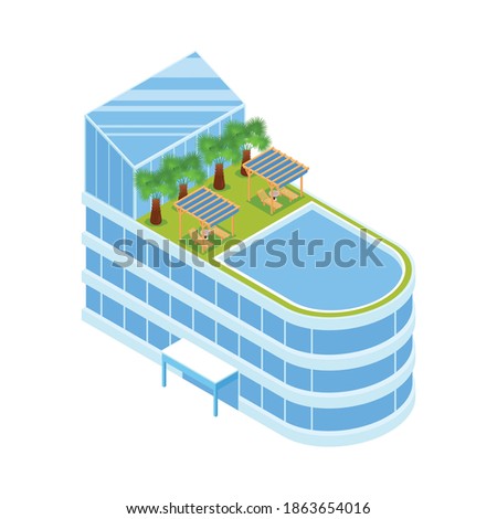 Isometric yacht club composition with view of boat shaped building with roof chill zone vector illustration