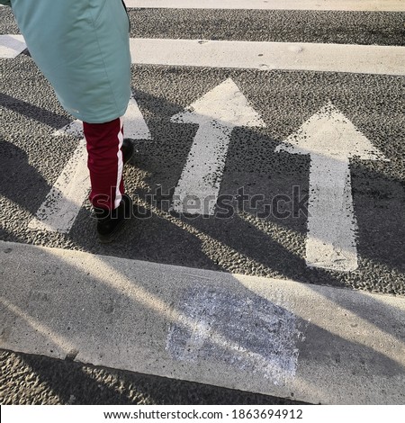 Asphalt texture background with pedestrian zebra and legs of walking citizen