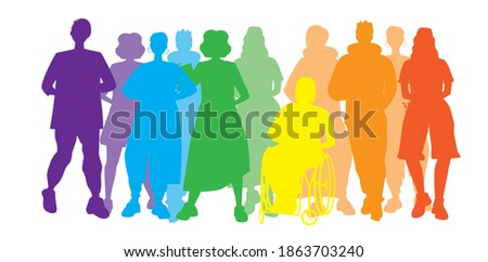 LGBTQ people isolated. Flat vector stock illustration. Silhouettes of homosexuals, gays, lesbians. LGBTQ community concept, inclusiveness. People, disabled person in a wheelchair Royalty-Free Stock Photo #1863703240