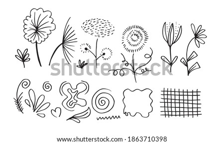 Black silhouette of chrysanthemum, bellflower, cerry blossom and other element design isolated on white background. Hand drawn sketch flower.