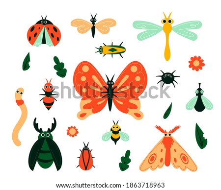Cartoon bugs. Garden insects and plant leave or flowers. Isolated butterflies, moths and caterpillars. Beetles and spiders, flies and bees. Colorful minimalist animals, vector kids hand drawn set