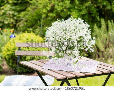beautiful english style landscape garden with blooming Silverfog – Euphorbia hypericifolia with wooden garden furniture, boxwood plants and colourful flower bed at the back Royalty-Free Stock Photo #1863721951