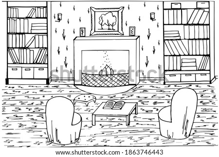 Coloring book with a fireplace in the room, home library, chairs, carpet, interior items. Vector illustration with a cozy home background. Suitable for decoration, greeting card, decor, book