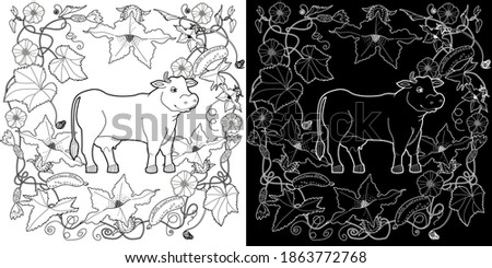 Art therapy coloring page. Coloring Book for children and adults. Colouring pictures with cow. Antistress freehand sketch drawing with doodle and zentangle elements.