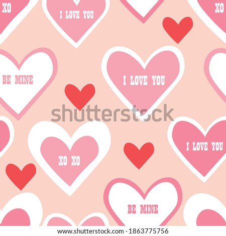Valentine's Day pattern with cute big and small hearts with the words "I love you", "Be mine" and "XOXO". Vector illustrations for printing banners, cards, wrapping paper and for printing on fabric.