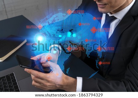Man in office working with Smartphone, Searching for new countries to work with. International world map hologram, typing phone. Double exposure.