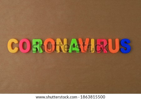 The word or text Coronavirus written in childrens alphabet with classic letters on magnet.