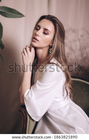 Close up woman portrait. Elegant fashionable caucasian beauty girl in white dress