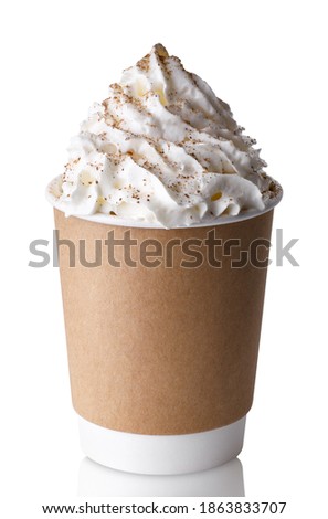 disposable cup of frappe with whipped cream and cinnamon powder isolated on white background