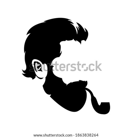 Male hairstyle silhouette and smoking pipe black on white background, sign for design, vector illustration