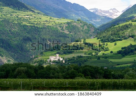 Summer landscape along the cycleway of the Venosta valley and the Adige river, in the Bolzano province, Trentino Alto Adige, Italy